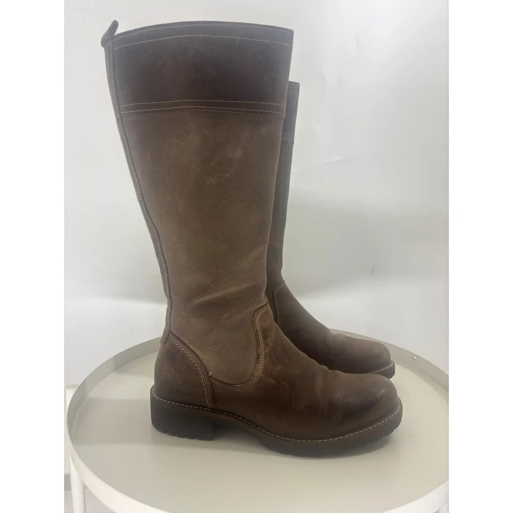 Ecco Elaine HydroMax Brown Leather Suede Tall Riding Boot Nubuck Lug‎ Sole 7.5